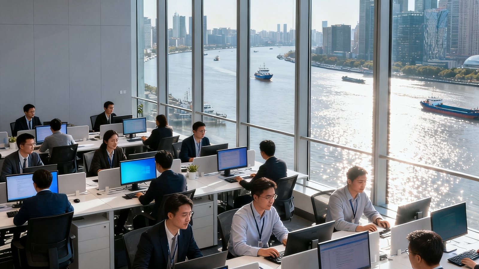 AG贵宾会集团位于上海中心大厦62层的总部办公室内景，落地窗外黄浦江景色一览无余，数十位专业服务团队成员在开放式办公区专注工作